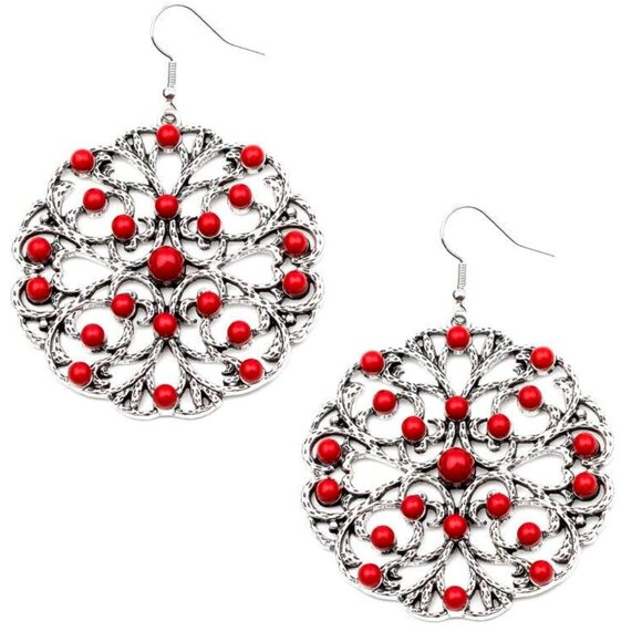 Dainty Red Bead Earrings | Shimmering Silver Filigree | Whimsical Design - Picture 1 of 4